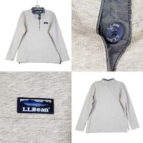 LL Bean Fleece Pullover Jacket Sweatshirt Women’s Medium M Gray Cotton Henley - Picture 1 of 11